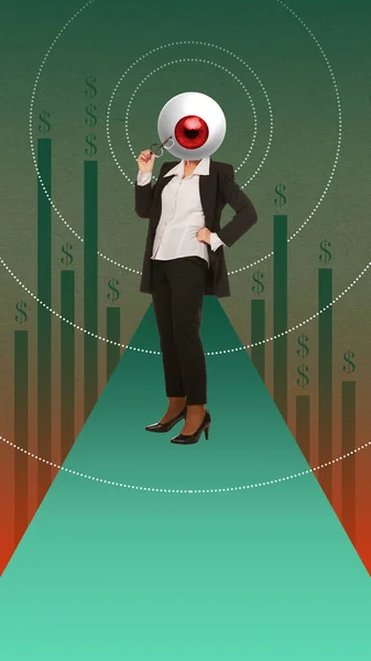 Mulher Negócios Olhando Lupa Para Gráficos Financeiros Análise Empresa Verificar — Fotografia de Stock