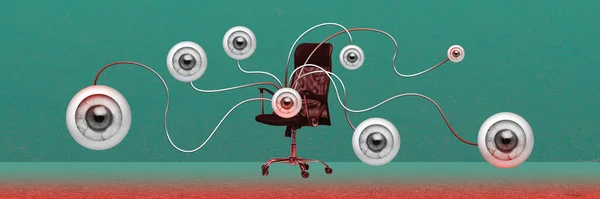 Office chair with many eyes looking with attention. New innovations, creative vision, ideas. Contemporary art collage. Concept of business, creative office, innovations. Banner, flyer, ad
