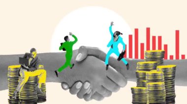 Başarılı bir ortaklık. Çalışanlar, mali analiz üzerinde çalışan iş adamları, para kazanmak ve şirket finansmanlarını büyütmek. Hareket etmeyi, animasyonu durdurun. Ofis, iş, kariyer geliştirme kavramı