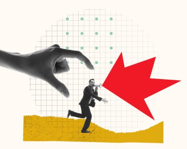 İş adamı koşuyor ve megafonla duygusal olarak bağırıyor, profesyonel haberler ve değişiklikler. Çağdaş sanat kolajı. İş, ofis, yaratıcı, yenilikler, zorluklar, iletişim kavramı