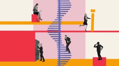 Atılgan yaşam tarzı. Çalışanlar, ofis çalışanları işlerini bitiren, son teslim tarihleri. İşbirliği, profesyonel büyüme. Hareket etmeyi, animasyonu durdurun. Ofis, iş ve kariyer ve başarı kavramı. Yaratıcı tasarım