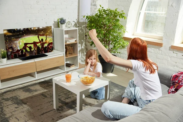 stock image Young loud, excited woman sitting on couch at home, drinking beer and emotionally watching football match on tv. Bored child looking. Hobby, entertainment, lifestyle, sport, leisure, emotions concept