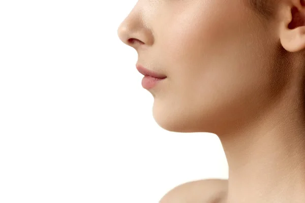 Zbliżenie Przycięty Profil Obraz Kobiecej Części Twarzy Podbródka Warg Nosa — Zdjęcie stockowe