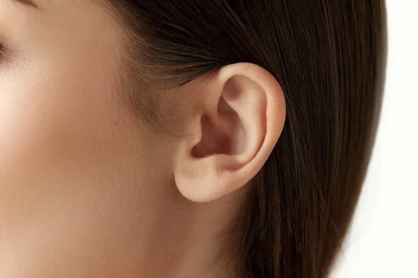 Kadın Kafasının Yakın Plan Kesilmiş Görüntüsü Kulak Beyaz Stüdyo Arka — Stok fotoğraf