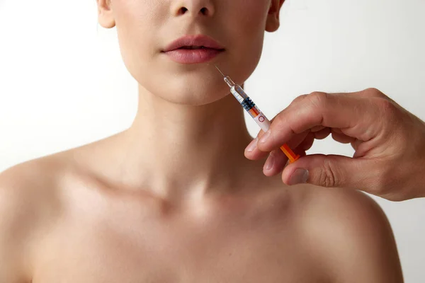 Cropped Image Female Face Lips Doing Cosmetological Injections White Studio — Stock Photo, Image