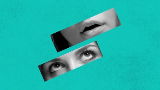 Czarno Biały Obraz Kobiecych Klepnięć Twarz Usta Oczy Abstrakcyjnym Niebieskim — Wideo stockowe