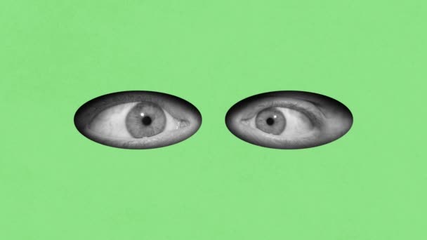 Czarno Biały Obraz Męskich Oczu Zielonym Tle Szpieg Super Bohater — Wideo stockowe