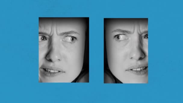 Motyw Kobiecej Twarzy Niebieskim Tle Przesłuchanie Niezręczna Napięta Twarz Zatrzymaj — Wideo stockowe