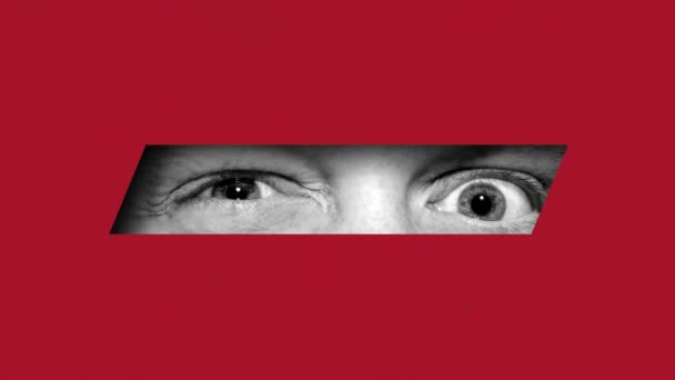 可疑的眼神男性细心的眼睛朝外看 红色背景 发现秘密 停止运动 当代艺术创意 抽象艺术 想象力和灵感的概念 — 图库视频影像