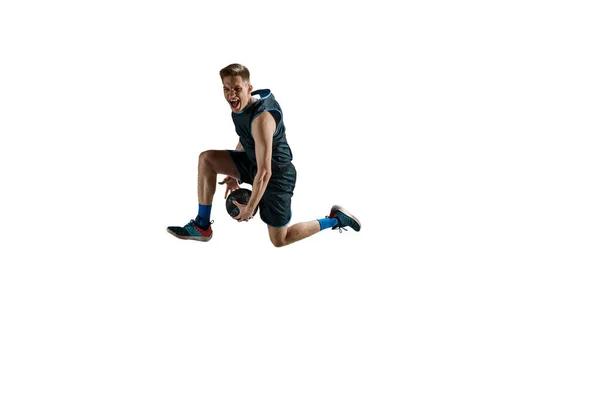 Dynamiczny Obraz Człowieka Koszykarza Podczas Gry Szkolenia Skoki Piłką Izolowane — Zdjęcie stockowe