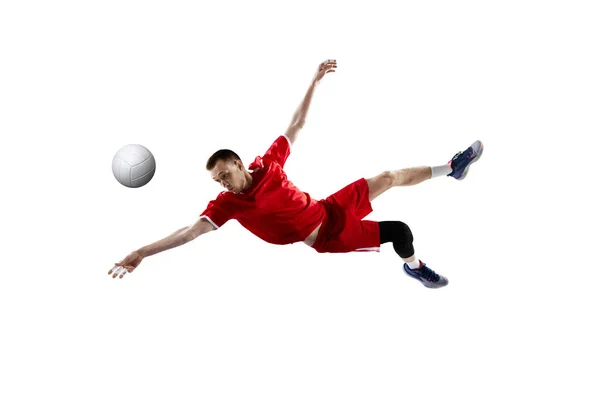 Joven Motivado Jugador Voleibol Movimiento Durante Juego Entrenamiento Jugar Con — Foto de Stock