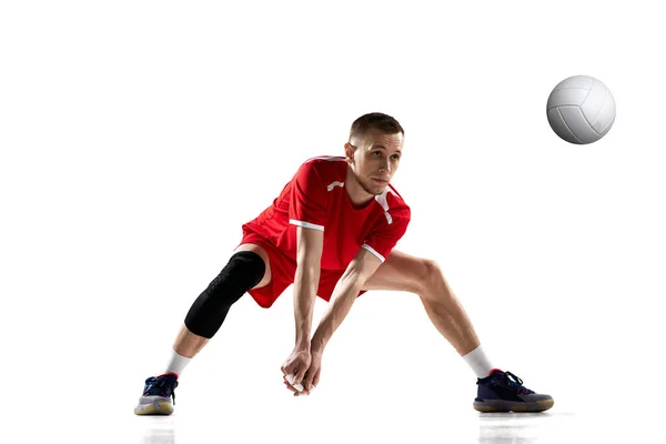 Gemotiveerde Jongeman Volleybalspeler Beweging Tijdens Het Spel Training Spelen Met — Stockfoto