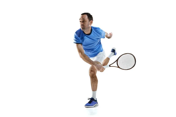 Активный Человек Синей Рубашке Белых Шортах Теннисист Движении Тренировка Игра — стоковое фото