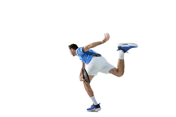 Dynamisch Beeld Van Geconcentreerde Man Professionele Tennisser Beweging Met Racket — Stockfoto