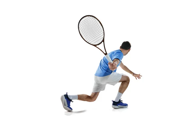 Профессиональный Теннисист Спортивный Человек Движении Играет Теннис Тренировки Изолированы Белом — стоковое фото