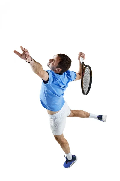 Динамичный Образ Человека Профессиональный Теннисист Движении Играет Подача Мяча Ракеткой — стоковое фото