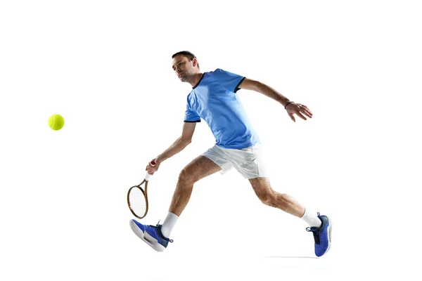 Active Sportive Man Uniform Playing Tennis Hitting Ball Racket Game — Stock Photo, Image