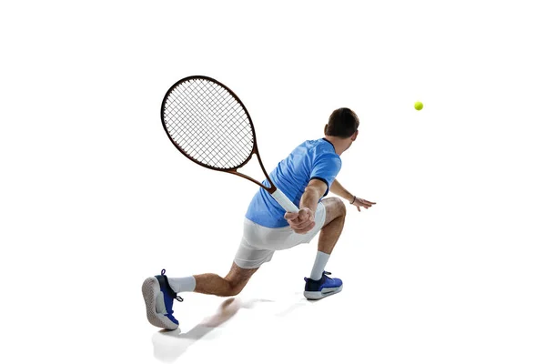 Meisterschaft Tennisprofi Bewegung Während Des Spiels Matchball Isoliert Vor Weißem — Stockfoto