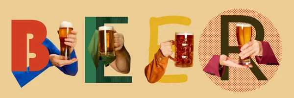 Mano Humana Sosteniendo Vasos Llenos Cerveza Cerveza Collage Arte Contemporáneo —  Fotos de Stock
