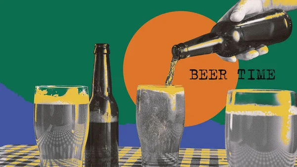 瓶からビールをグラスに注ぐ男性の手 ヴィンテージスタイルの背景 会議だ 現代美術のコラージュ アルコール飲料 オクトーバーフェスト パーティー レジャータイムの概念 — ストック写真