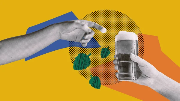 Glass of foamy beer and beer hops over yellow background. Beer festival time. Contemporary art collage. Concept of alcohol drink, oktoberfest, taste, party, festival and leisure time, ad