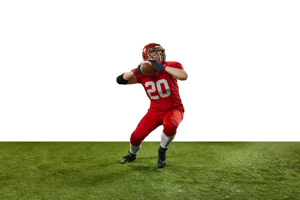 Geconcentreerde Man Rood Uniform Amerikaanse Voetballer Beweging Tijdens Het Spel — Stockfoto