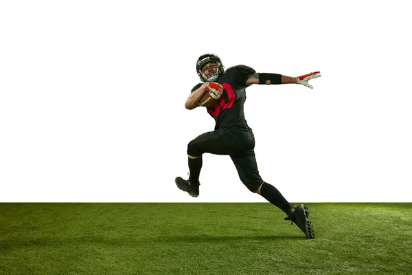 Man American Football Player Black Uniform Catching Ball Running Field — Stock Photo, Image
