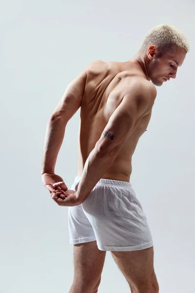 Espalda Masculina Fuerte Musculosa Alivio Cuerpo Sano Hombre Joven Posando —  Fotos de Stock