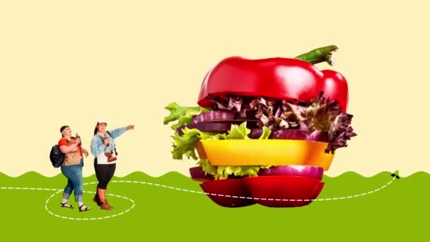 紙で作られた巨大なハンバーガーを見て太りすぎの女性 レタス 体重を減らすために健康的な食事療法の後 動くなアニメーション 創造性 健康管理の概念 近代的なデザイン — ストック動画