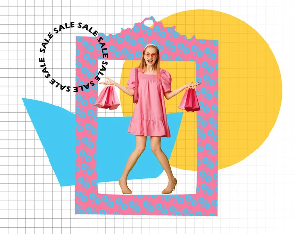 漂亮的年轻女子穿着时髦的粉色衣服 手里拿着许多购物袋 大甩卖 廉价购买衣服 当代艺术拼贴 黑色星期五 创意的概念 — 图库照片