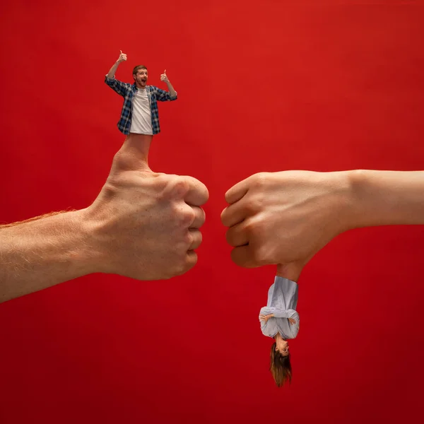 Kreativt Collage Med Händer Utmaningar Upp Och Ner Mannen Uttrycker — Stockfoto