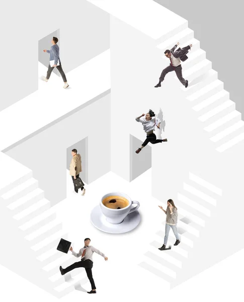 職場を歩く従業員 女性のグループ 部署が違う やる気だ 創造的な概念のコラージュ ビジネス オフィスライフスタイル 広告の概念 — ストック写真