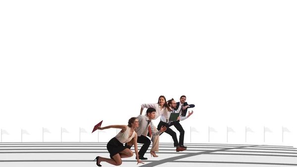 Creative Conceptual Collage Professional Challenges Competition Employees Standing Starting Line — Stock Photo, Image