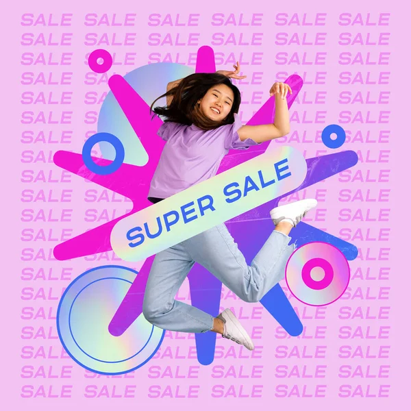 stock image Super sale season, great time for cheap shopping. Young asian girl cheerfully jumping over abstract background. Contemporary artwork. Concept of shopping, sales, Black Friday, creativity. Banner, ad