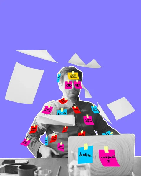 Businessman, employee sitting at table in office with many stickers on head and body. Many tasks, deadlines. Projects. Contemporary art collage. Concept of business, professional occupation, ad