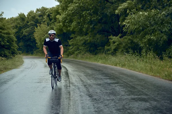 Sportive Young Bearded Man Cyclist Helmet Glasses Uniform Riding Bike — Stock Photo, Image