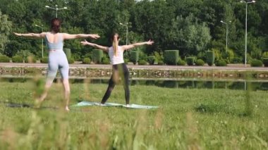 Genç kız vücudunu formda tutuyor. Parkta güneşli bir sabahın erken saatlerinde dışarıda antrenman yapıyor. Esneme ve yoga. Sağlıklı ve sportif yaşam tarzı kavramı, vücut bakımı, meditasyon, aktif yaşam