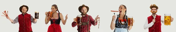 전통적 노인들의 젊은이들로 만들어 콜라주 바바리 옷들은 맥주를 마시고 소시지를 — 스톡 사진