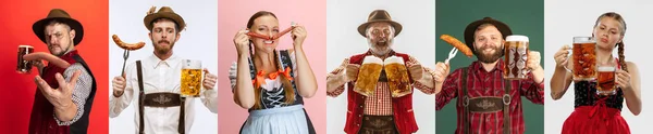 Colagem Jovens Moças Emocionais Trajes Tradicionais Baviera Com Canecas Cerveja — Fotografia de Stock