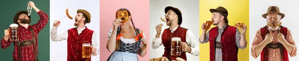 由年轻人 男人和女人组成的学院在传统上引起感情上的吃香肠和喝啤酒 Oktoberfest的概念 — 图库照片