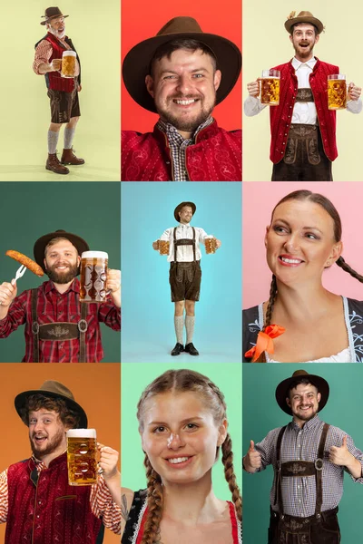 Collage Hecho Diferentes Jóvenes Ropa Bavariana Tradicional Pie Con Cerveza —  Fotos de Stock