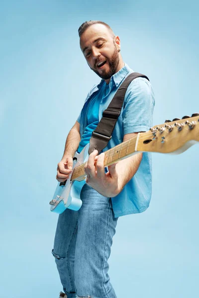 Stylish Positive Young Bearded Man Casual Clothes Playing Electric Guitar — Stock Photo, Image
