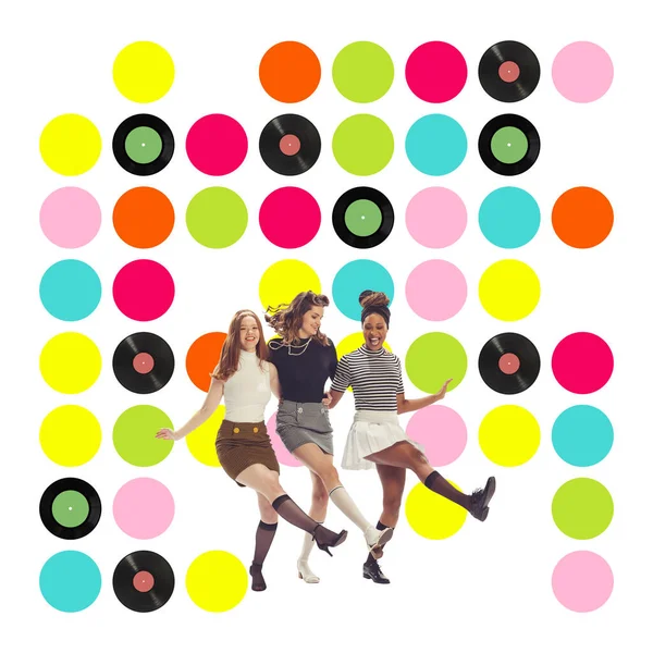 Коллаж Современного Искусства Стильные Девушки Ретро Одежде Весело Танцуют Веселятся — стоковое фото