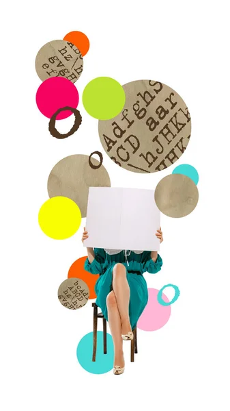 Collage Arte Contemporanea Elegante Giovane Donna Seduta Sulla Sedia Leggere — Foto Stock