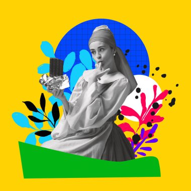 Çağdaş sanat kolajı. Ortaçağ 'dan kalma tarihi kostümlü bir kadın parlak arka planda çikolata yiyor. Yaratıcılık kavramı, çağların karşılaştırması, moda, hayal gücü, reklam