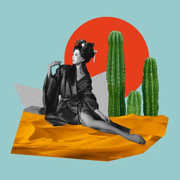現代美術のコラージュ 抽象的な背景の上に座って絹の服を着たエレガントな若いアジアの女性 創造性の概念 時代の比較 ファッション 想像力 — ストック写真