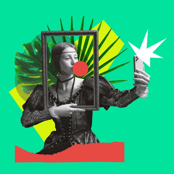 콜라주 풍선껌을 프레임을 셀카를 핸드폰으로 창의성의 상상력 광고를 비교하는 — 스톡 사진