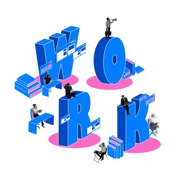 Çalış. Çağdaş sanat kolajı. Gençler, ofis çalışanları kendi pozisyonlarında çalışıyorlar, görevlerini tamamlıyorlar. Kişisel ve profesyonel büyüme. İş, iş hayatı, motivasyon, meslek, reklam kavramı