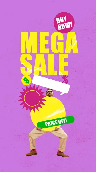 当代艺术拼贴 减价可怜的创意设计 Mega销售旺季快乐 兴奋的男人在购物 黑色星期五 创意的概念 — 图库照片