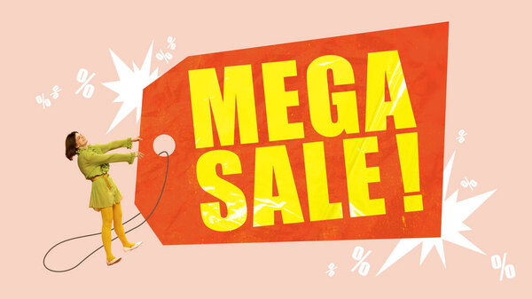 Contemporary art collage. Young woman emotionally pushing poster with meda sale information. Big shopping season. Concept of shopping, sales, Black Friday, creativity. Banner, ad